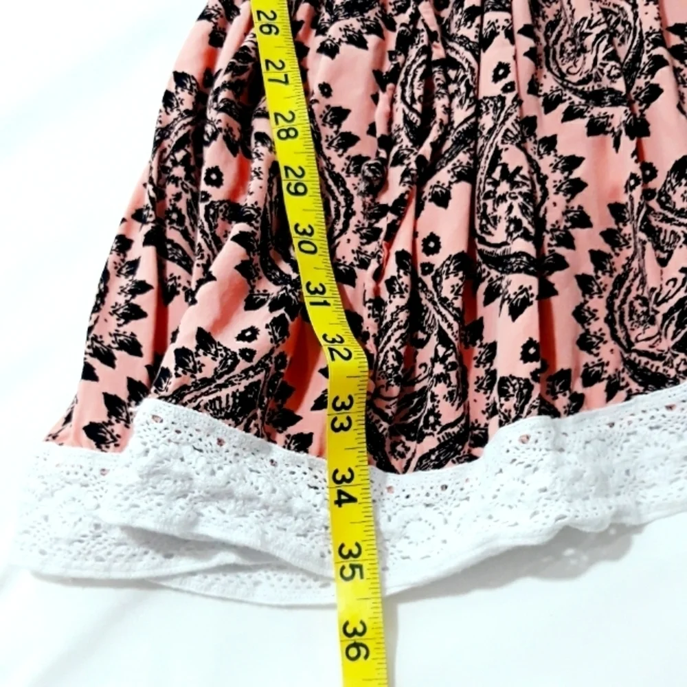 Free People Mini Dress 3/4 Sleeve Off  Shoulder Printed Black Coral Boho Small